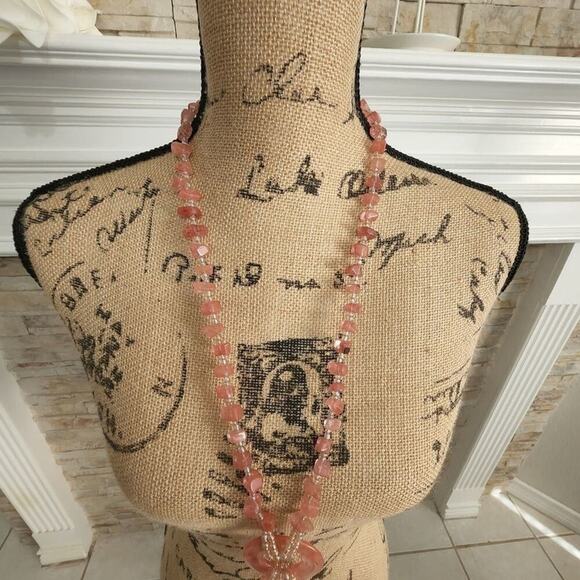 TRESKA rose Quartz beaded‎ tassle long statement necklace - Picture 4 of 6